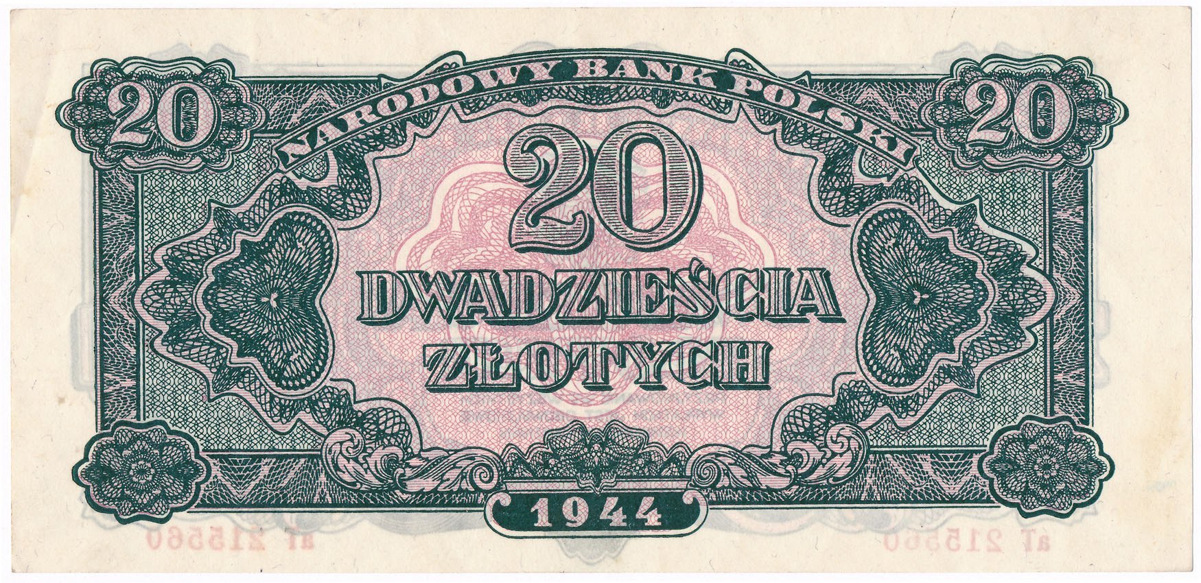 Banknot. 20 złotych 1944 seria aT OBOWIĄZKOWE